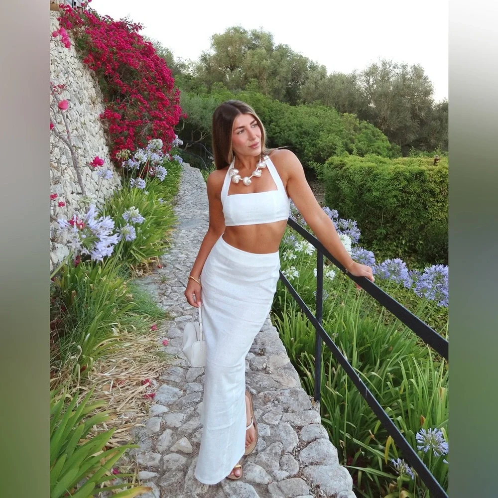 Monday swimwear white linen Montserrat crop top and Fontelina maxi skirt P XS - Picture 4 of 9